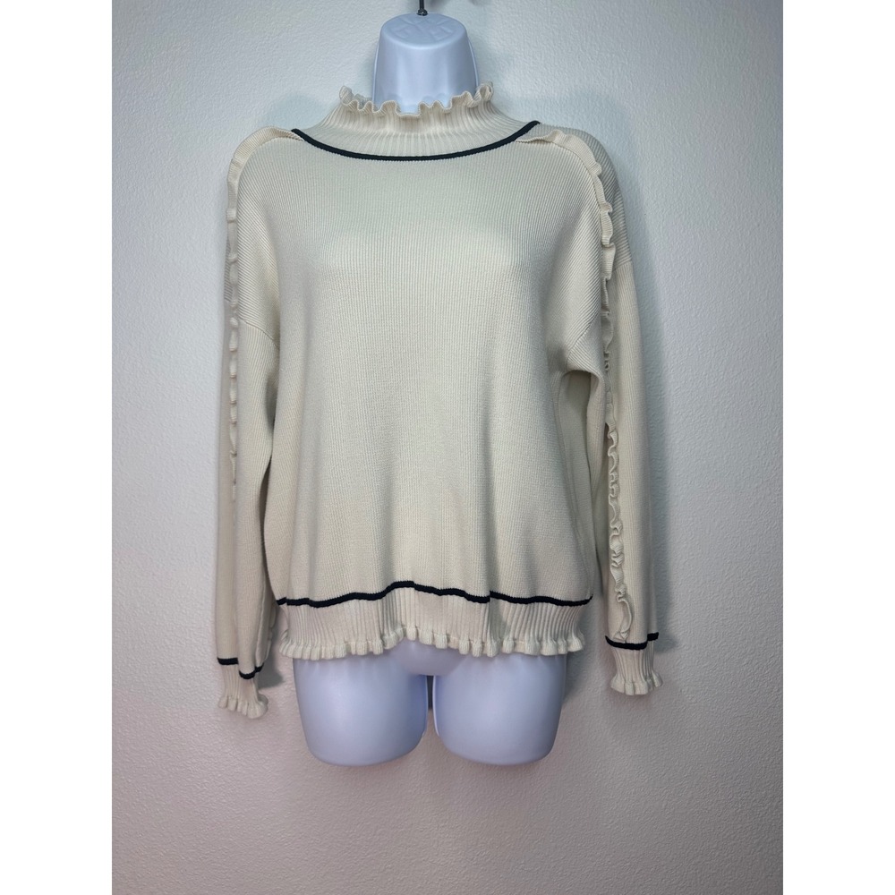 Adrianna Papell Cream Ruffle Trim Mock Neck‎ Long Sleeve Knit Sweater size M